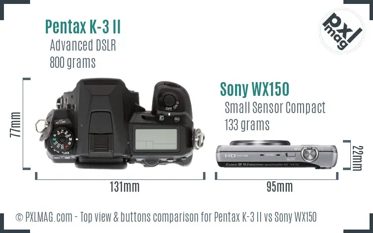Pentax K-3 II vs Sony WX150 top view buttons comparison