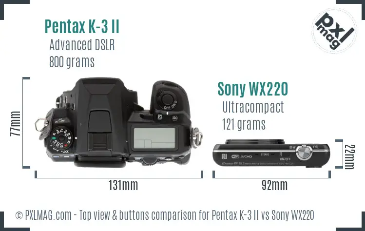 Pentax K-3 II vs Sony WX220 top view buttons comparison