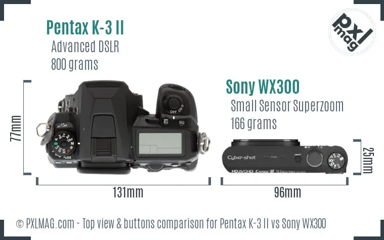 Pentax K-3 II vs Sony WX300 top view buttons comparison