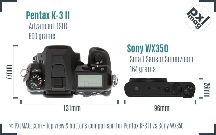 Pentax K-3 II vs Sony WX350 top view buttons comparison