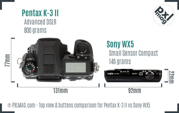 Pentax K-3 II vs Sony WX5 top view buttons comparison