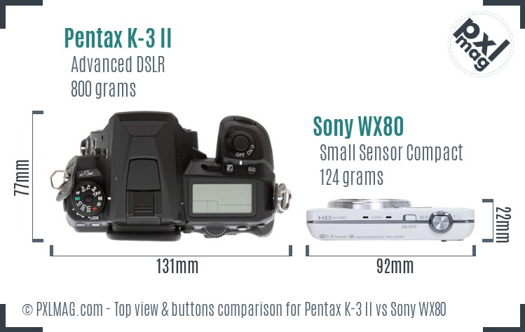 Pentax K-3 II vs Sony WX80 top view buttons comparison