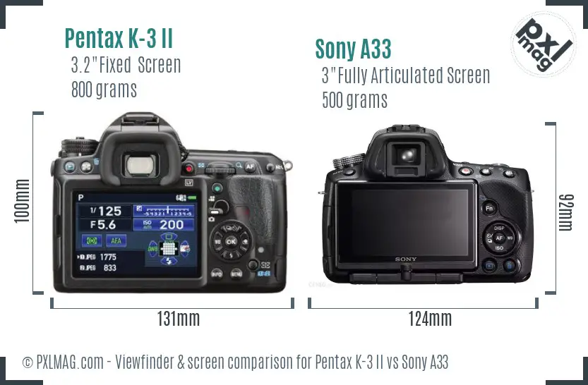 Pentax K-3 II vs Sony A33 Screen and Viewfinder comparison Pentax K-3 II vs Sony A33 Screen and Viewfinder comparison