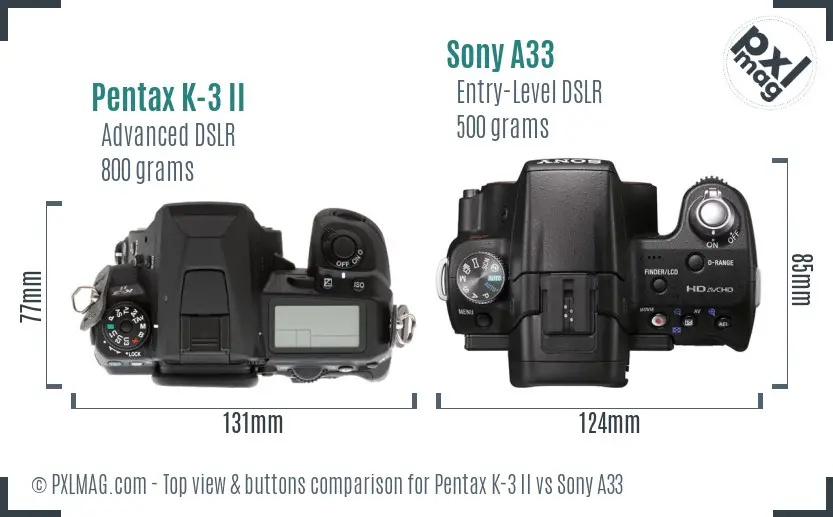Pentax K-3 II vs Sony A33 top view buttons comparison Pentax K-3 II vs Sony A33 top view buttons comparison