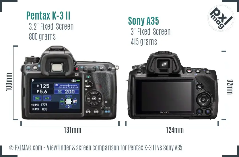 Pentax K-3 II vs Sony A35 Screen and Viewfinder comparison