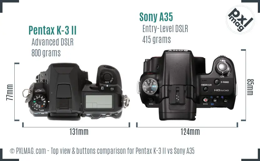 Pentax K-3 II vs Sony A35 top view buttons comparison