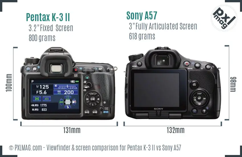 Pentax K-3 II vs Sony A57 Screen and Viewfinder comparison