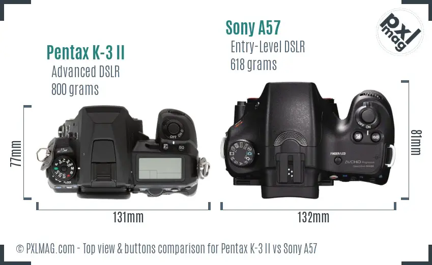 Pentax K-3 II vs Sony A57 top view buttons comparison