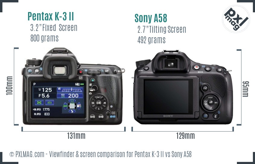 Pentax K-3 II vs Sony A58 Screen and Viewfinder comparison
