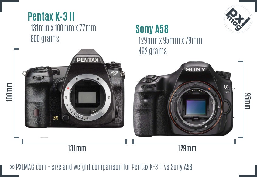 Pentax K-3 II vs Sony A58 size comparison Pentax K-3 II vs Sony A58 size comparison