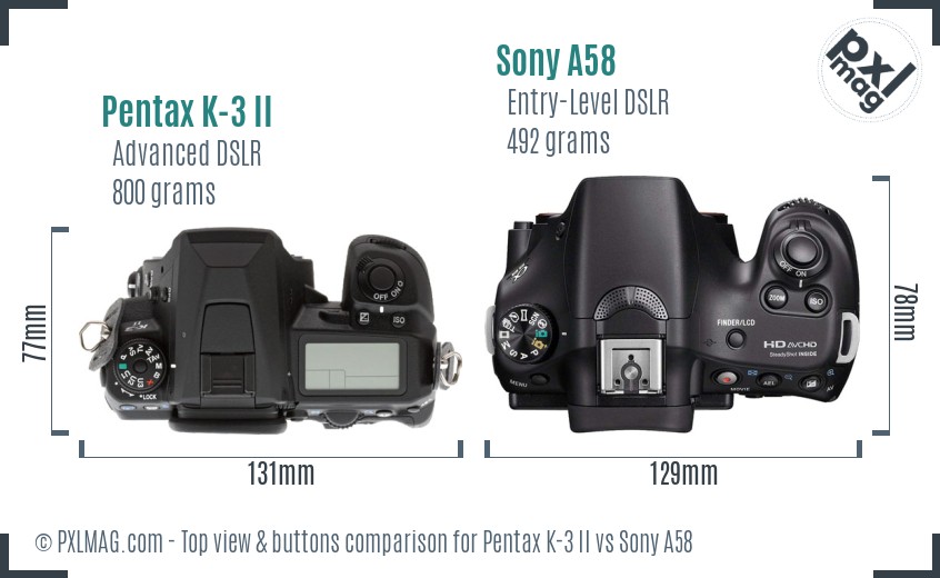 Pentax K-3 II vs Sony A58 top view buttons comparison