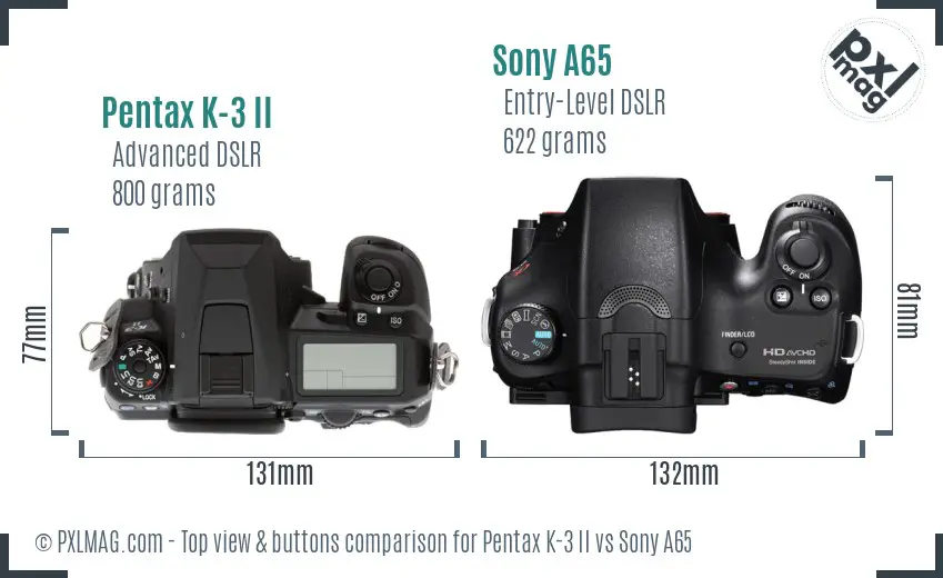 Pentax K-3 II vs Sony A65 top view buttons comparison Pentax K-3 II vs Sony A65 top view buttons comparison