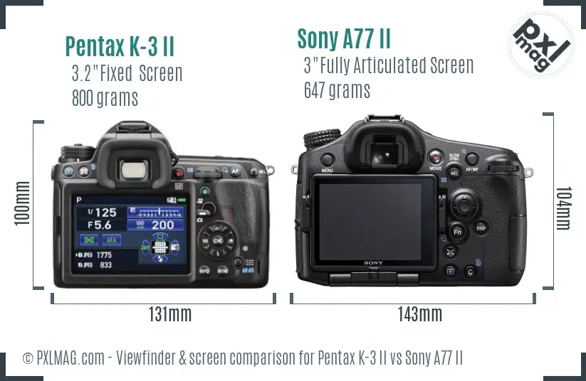 Pentax K-3 II vs Sony A77 II Screen and Viewfinder comparison