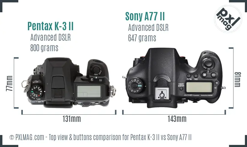 Pentax K-3 II vs Sony A77 II top view buttons comparison