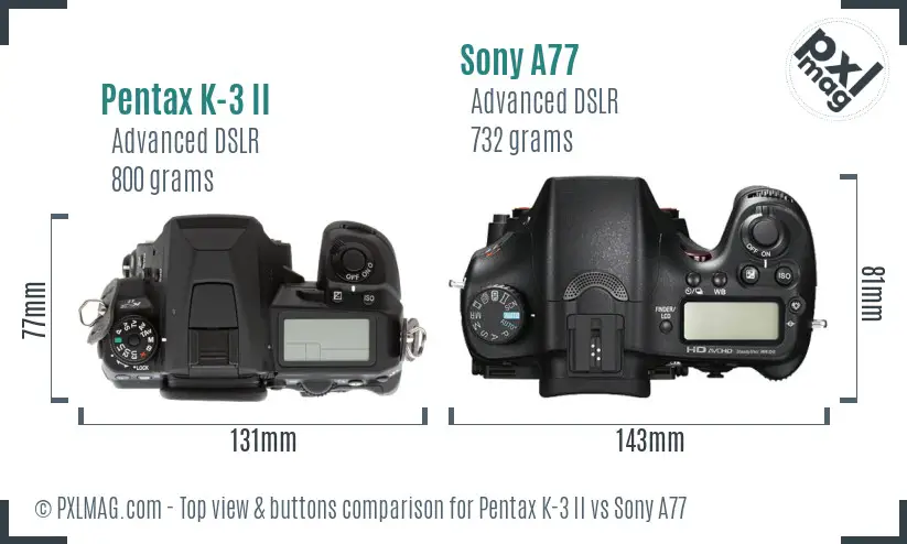Pentax K-3 II vs Sony A77 top view buttons comparison