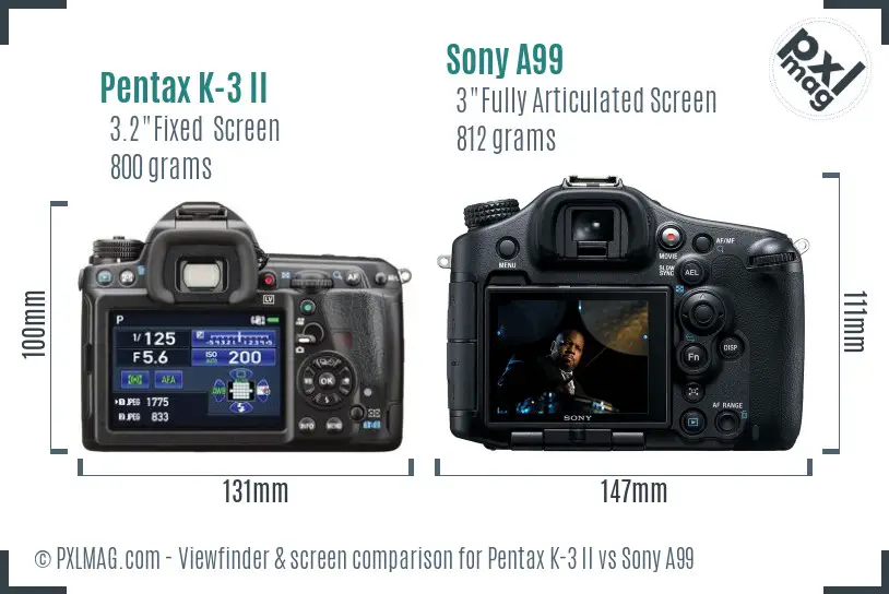Pentax K-3 II vs Sony A99 Screen and Viewfinder comparison