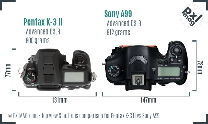 Pentax K-3 II vs Sony A99 top view buttons comparison