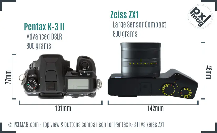 Pentax K-3 II vs Zeiss ZX1 top view buttons comparison