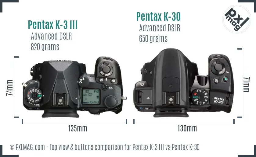 Pentax K-3 III vs Pentax K-30 top view buttons comparison