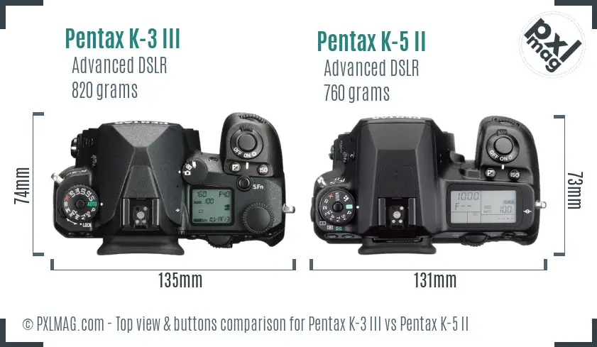 Pentax K-3 III vs Pentax K-5 II top view buttons comparison