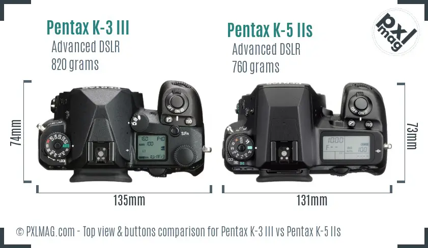 Pentax K-3 III vs Pentax K-5 IIs top view buttons comparison