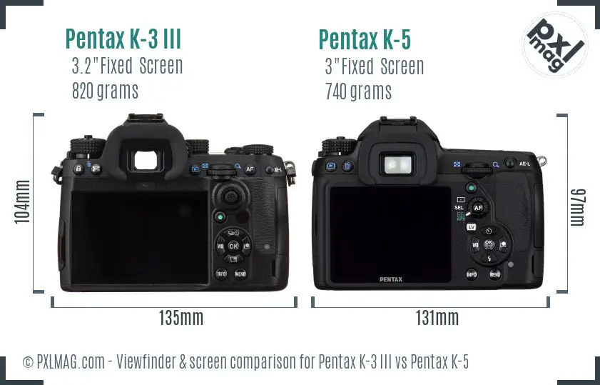 Pentax K-3 III vs Pentax K-5 Screen and Viewfinder comparison