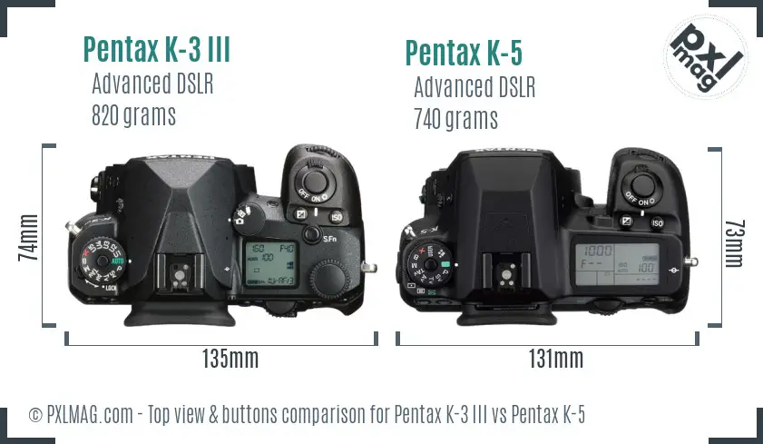 Pentax K-3 III vs Pentax K-5 top view buttons comparison