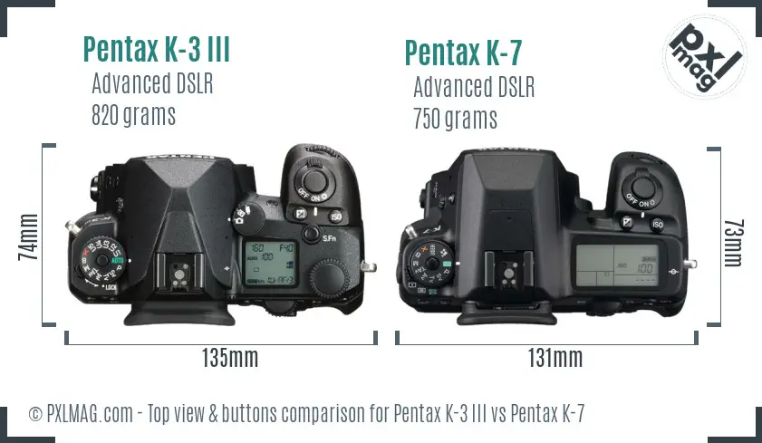 Pentax K-3 III vs Pentax K-7 top view buttons comparison