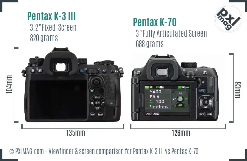 Pentax K-3 III vs Pentax K-70 Screen and Viewfinder comparison