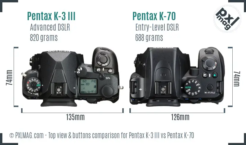 Pentax K-3 III vs Pentax K-70 top view buttons comparison