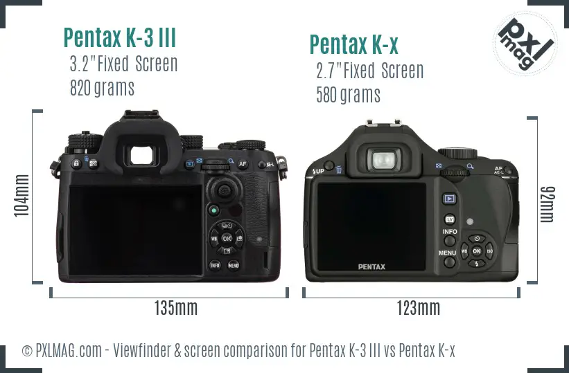 Pentax K-3 III vs Pentax K-x Screen and Viewfinder comparison