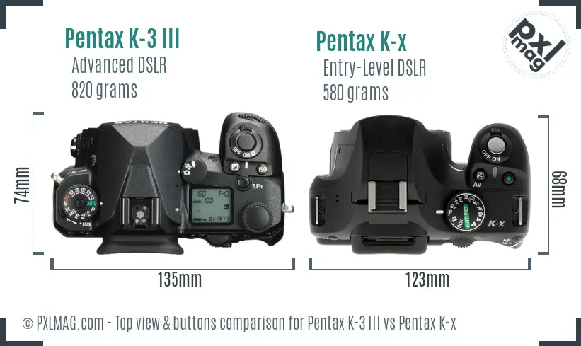 Pentax K-3 III vs Pentax K-x top view buttons comparison