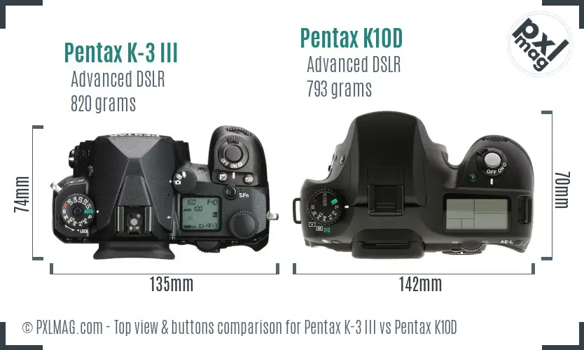 Pentax K-3 III vs Pentax K10D top view buttons comparison