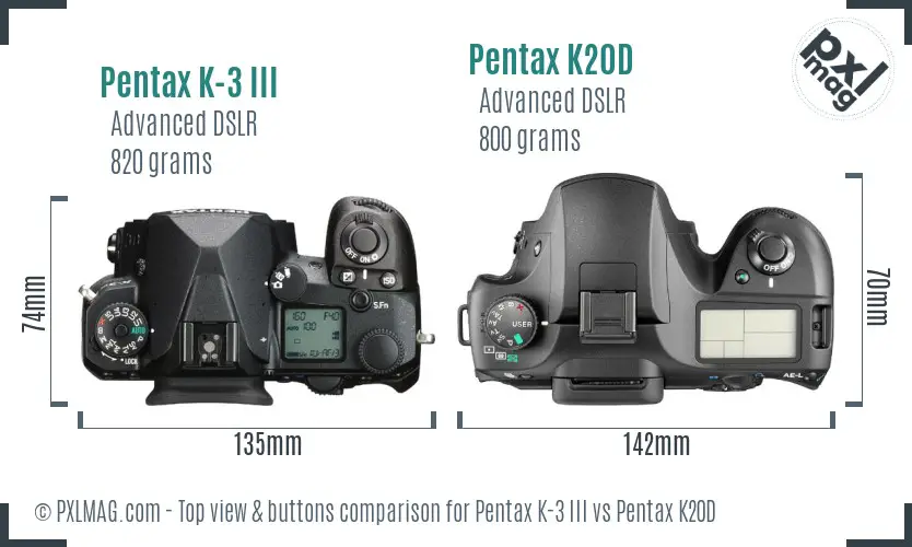Pentax K-3 III vs Pentax K20D top view buttons comparison