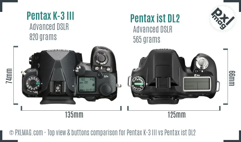 Pentax K-3 III vs Pentax ist DL2 top view buttons comparison