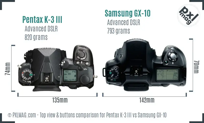 Pentax K-3 III vs Samsung GX-10 top view buttons comparison
