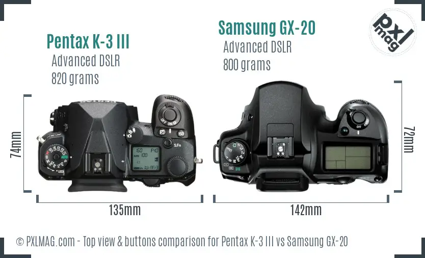 Pentax K-3 III vs Samsung GX-20 top view buttons comparison