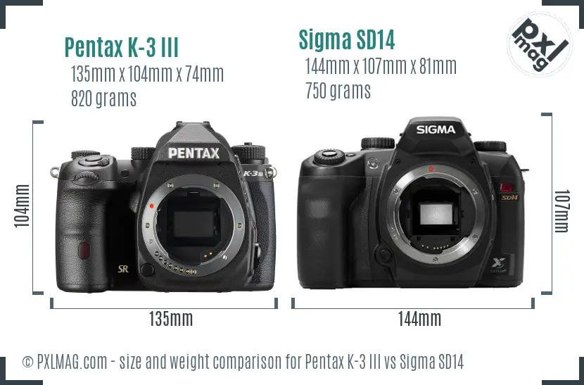 Pentax K-3 III vs Sigma SD14 size comparison