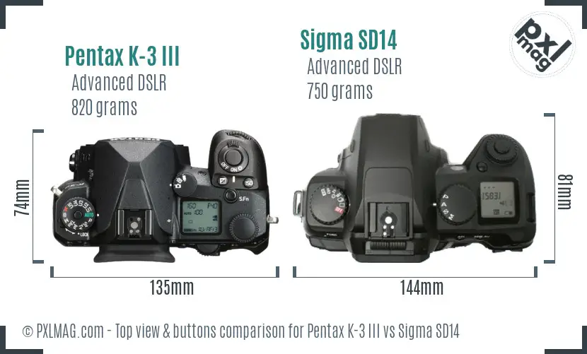Pentax K-3 III vs Sigma SD14 top view buttons comparison