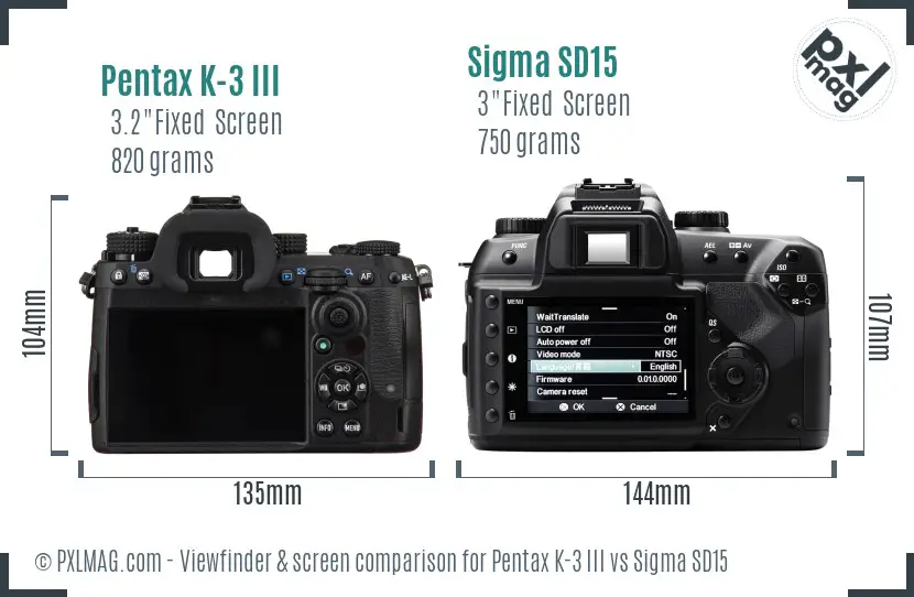 Pentax K-3 III vs Sigma SD15 Screen and Viewfinder comparison