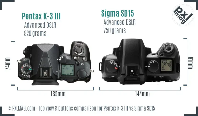 Pentax K-3 III vs Sigma SD15 top view buttons comparison