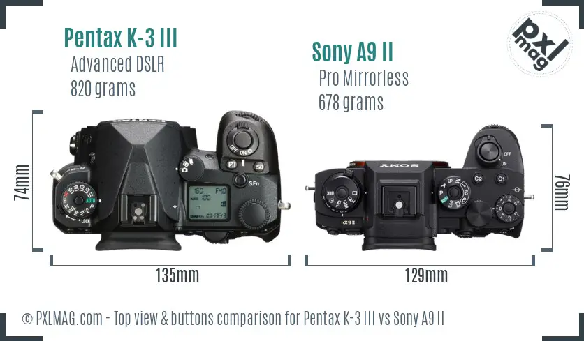 Pentax K-3 III vs Sony A9 II top view buttons comparison