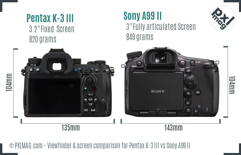 Pentax K-3 III vs Sony A99 II Screen and Viewfinder comparison