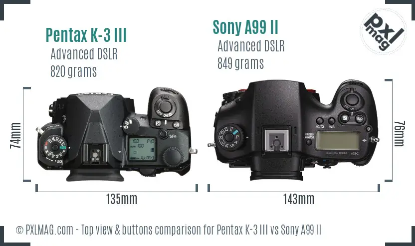 Pentax K-3 III vs Sony A99 II top view buttons comparison