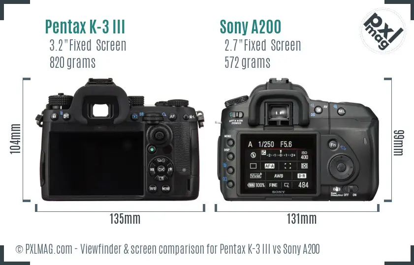 Pentax K-3 III vs Sony A200 Screen and Viewfinder comparison