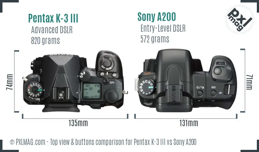 Pentax K-3 III vs Sony A200 top view buttons comparison