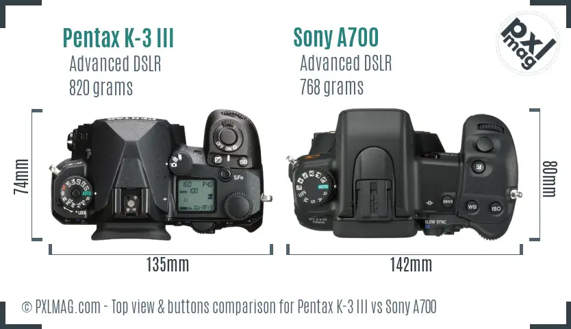 Pentax K-3 III vs Sony A700 top view buttons comparison