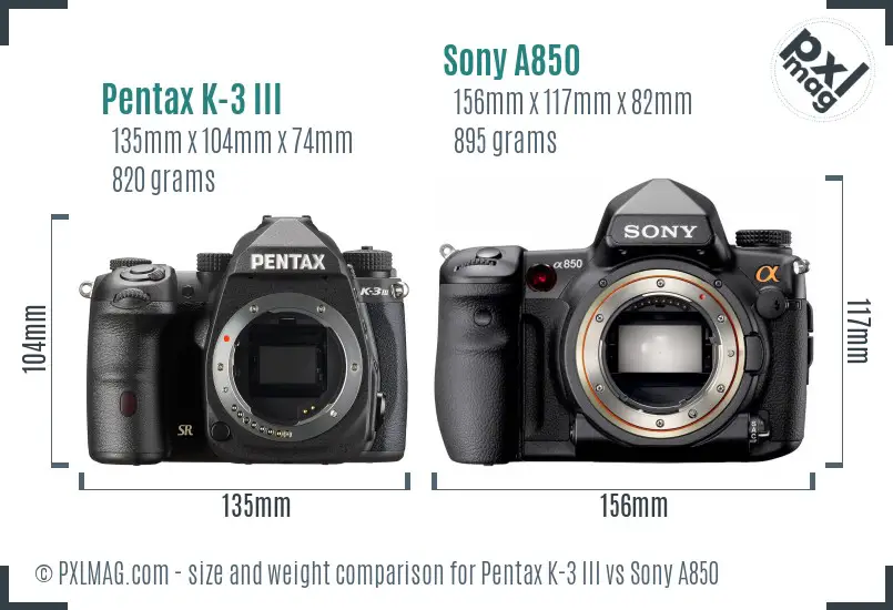 Pentax K-3 III vs Sony A850 size comparison