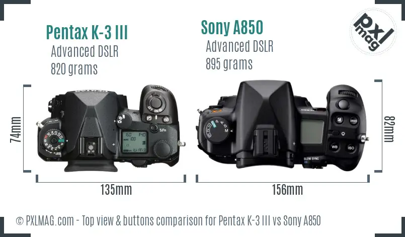 Pentax K-3 III vs Sony A850 top view buttons comparison