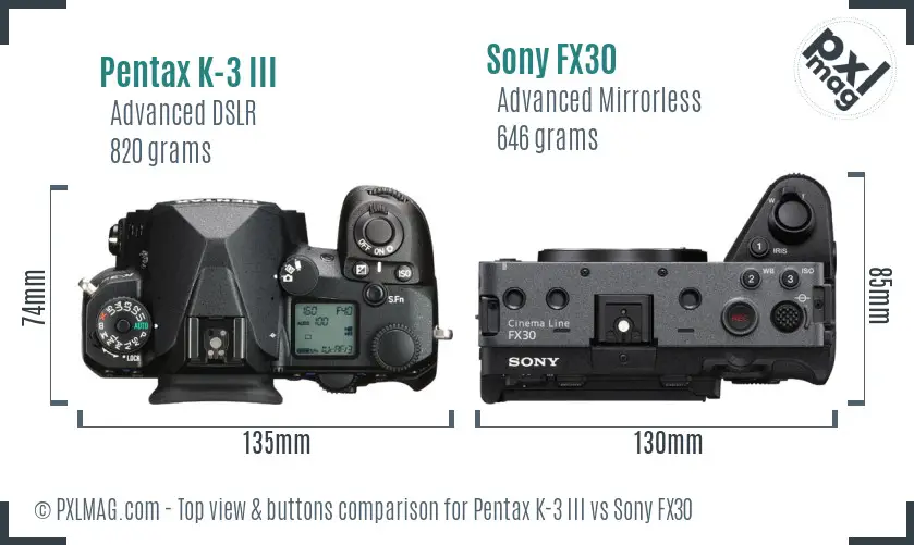 Pentax K-3 III vs Sony FX30 top view buttons comparison Pentax K-3 III vs Sony FX30 top view buttons comparison